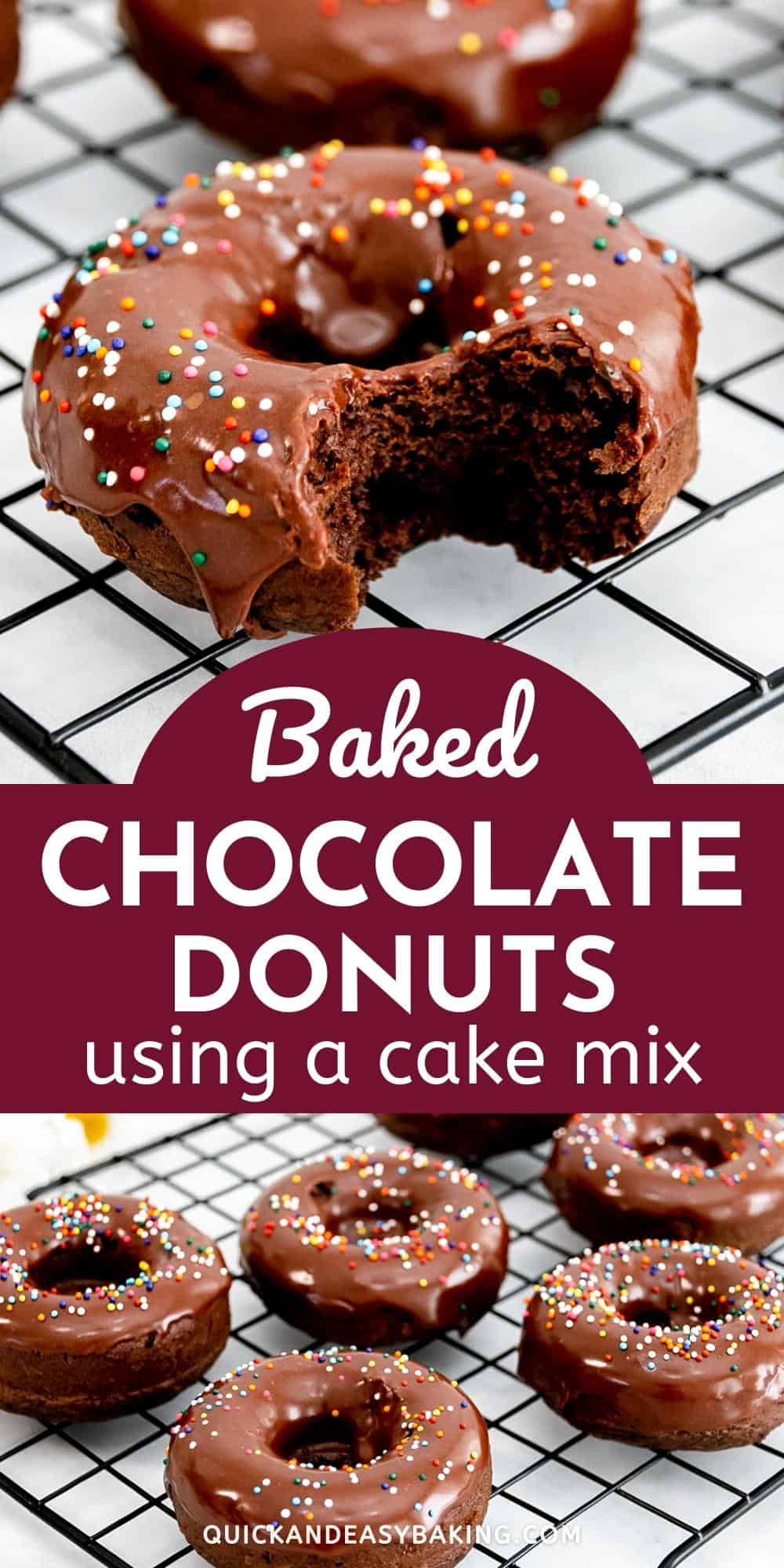 Baked chocolate cake donuts pin graphic with text.