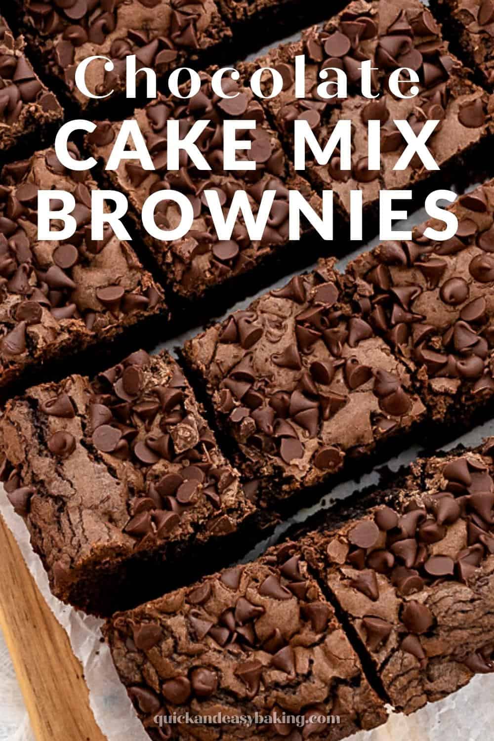 Chocolate cake mix brownies top view with text image.