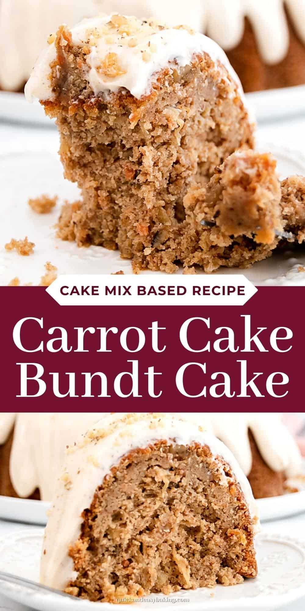 Two pieces of carrot bundt cake collage with text.