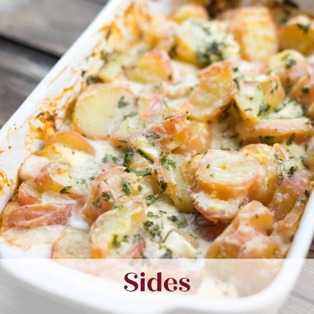 Sides category graphic with potato casserole.