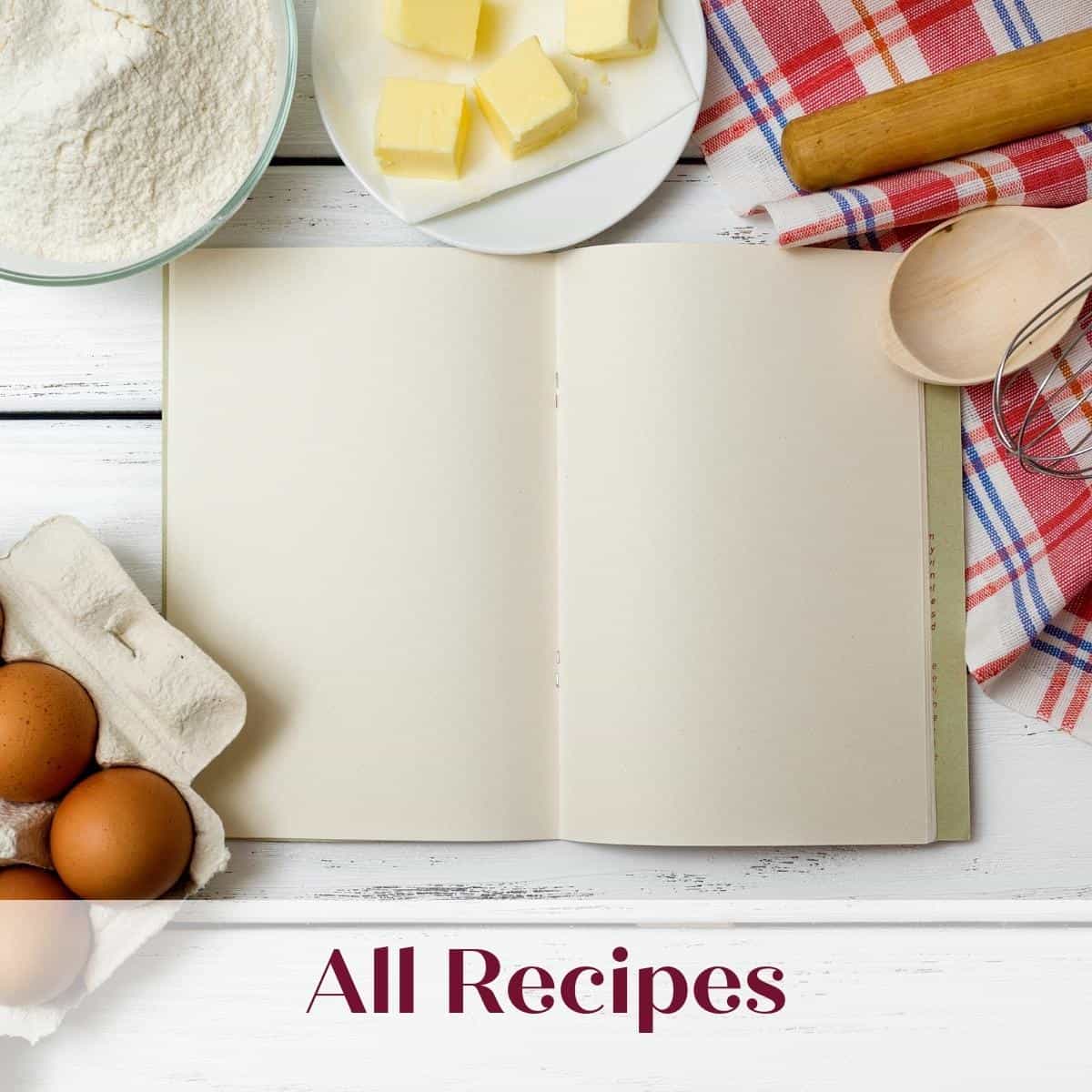 All recipes category graphic with recipe card and baking items.