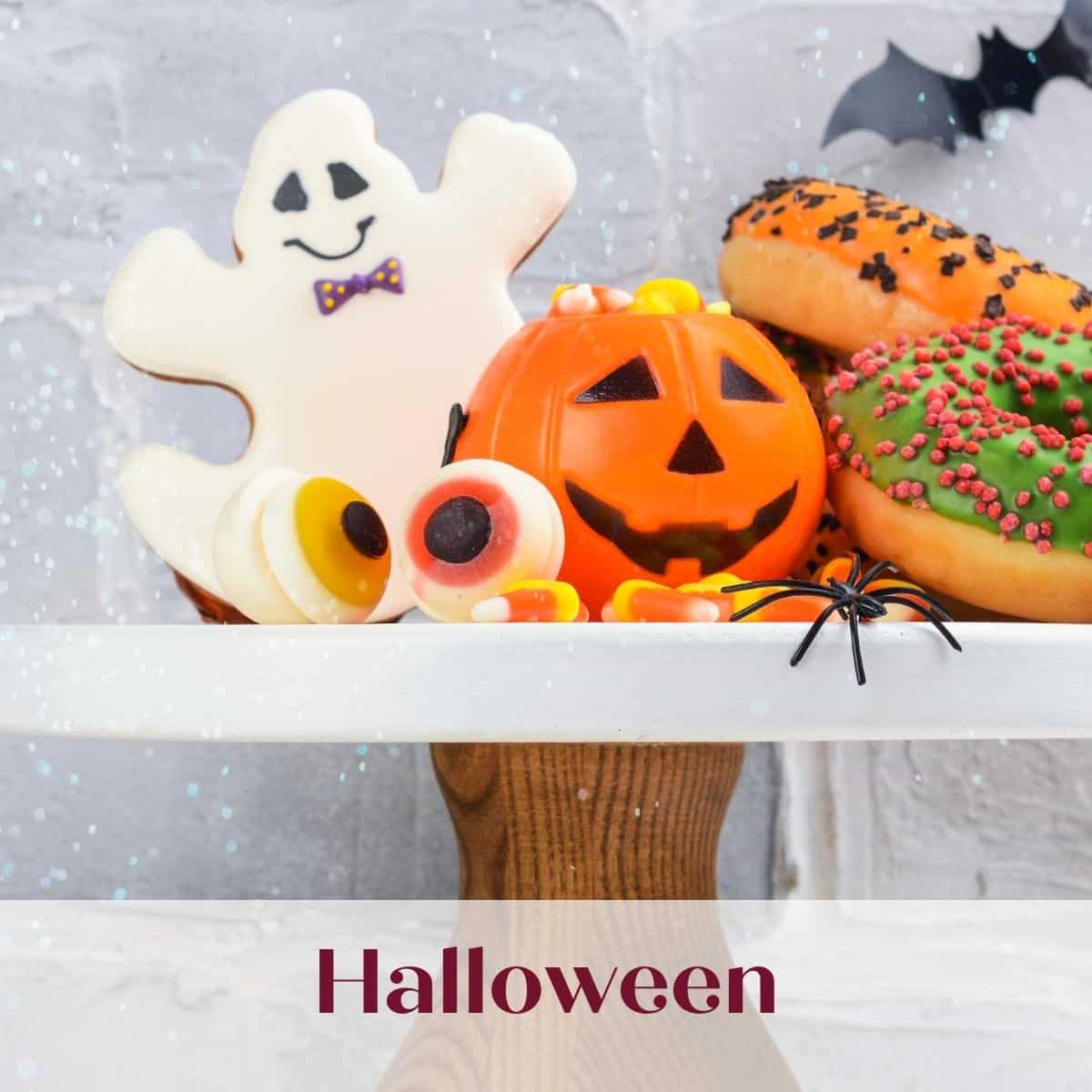 halloween category graphic with ghost and pumpkin cookies