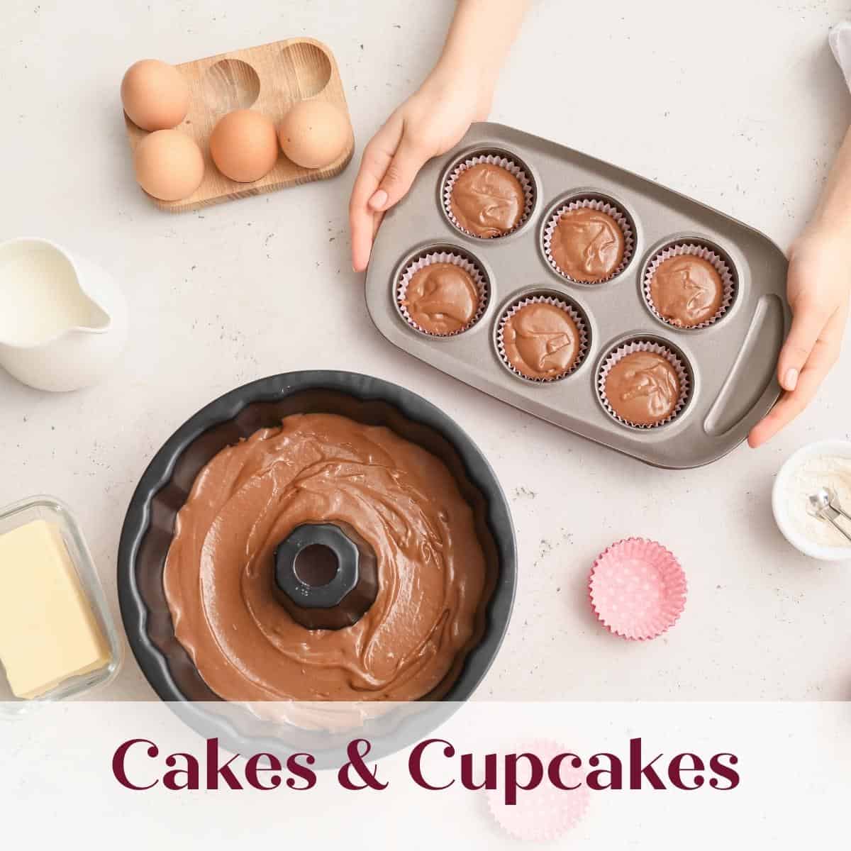 Cakes and cupcakes category graphic with cake batter in pans.