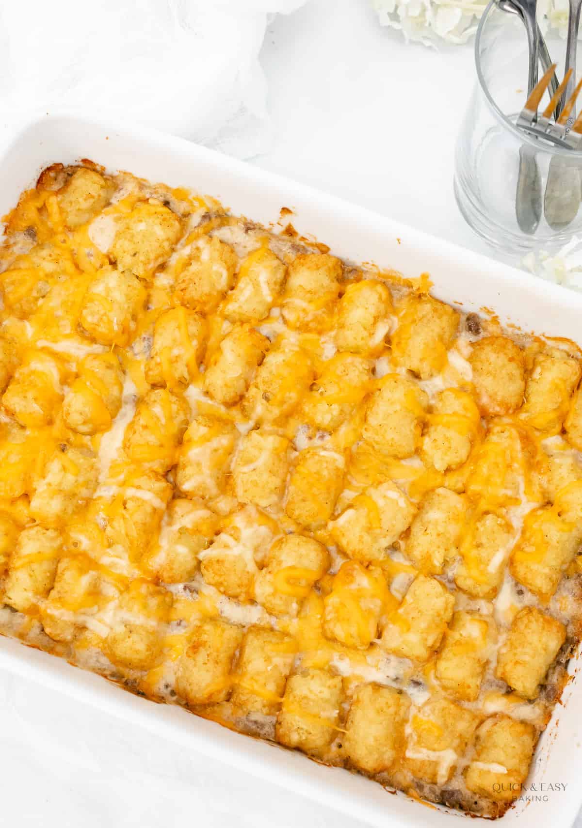 Browned and baked tater tot casserole top view.