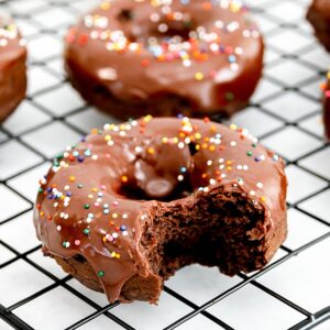 Close up of baked chocolate donut.