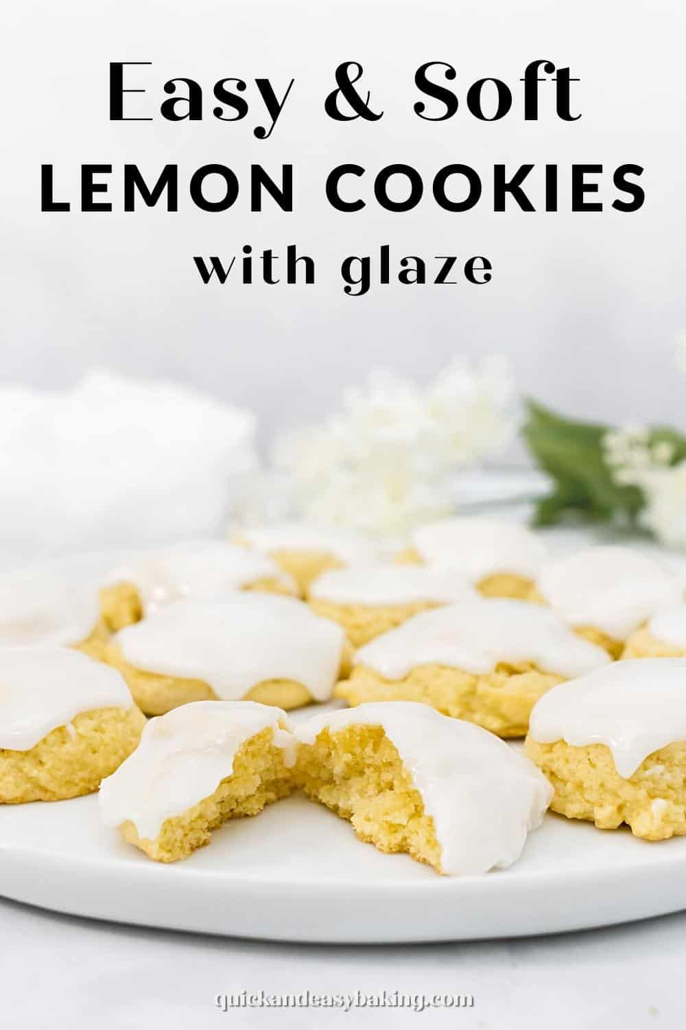 Lemon cookies on a white plate with text overlay.