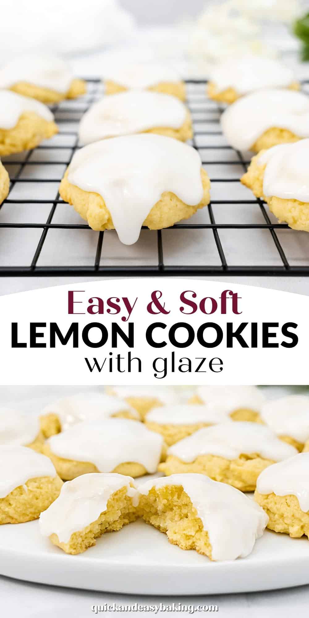 Cookies with lemon glaze on a baking rack with text overlay.