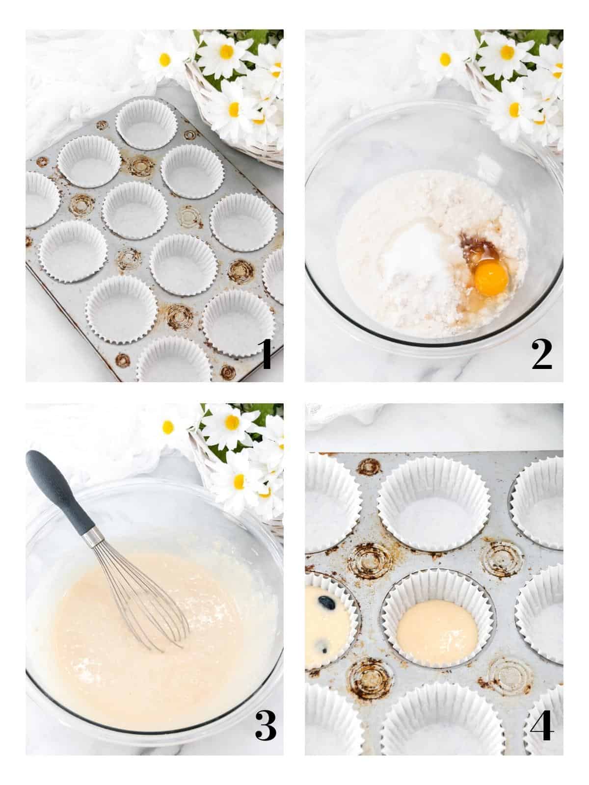 Collage of mixing muffin batter.
