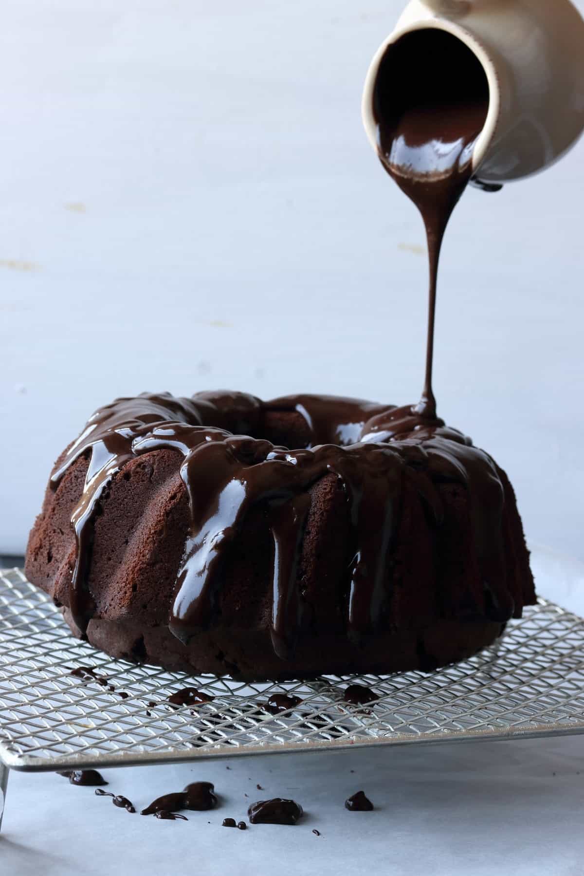 Chocolate cake with chocolate drizzle.