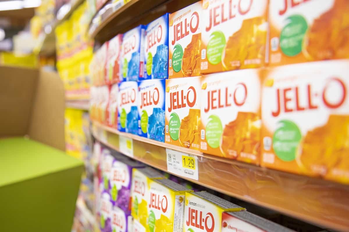 Jello boxes on shelf.