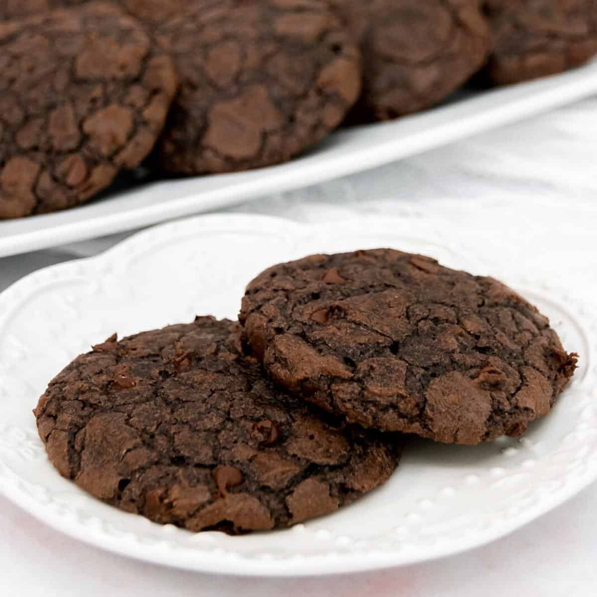 Featured image with brownie cookies on a white plate.