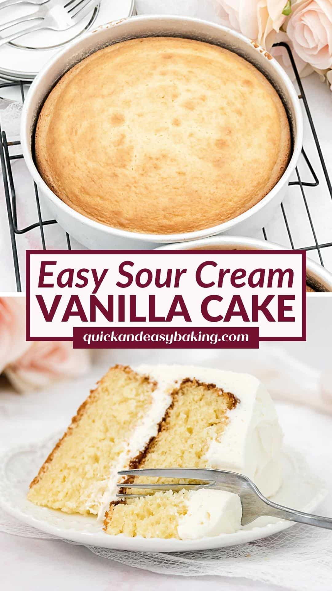 Collage of vanilla cake in a pan and a slice on a plate with text.