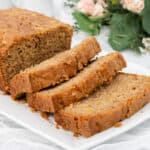 Close up view of sliced zucchini cake mix bread.