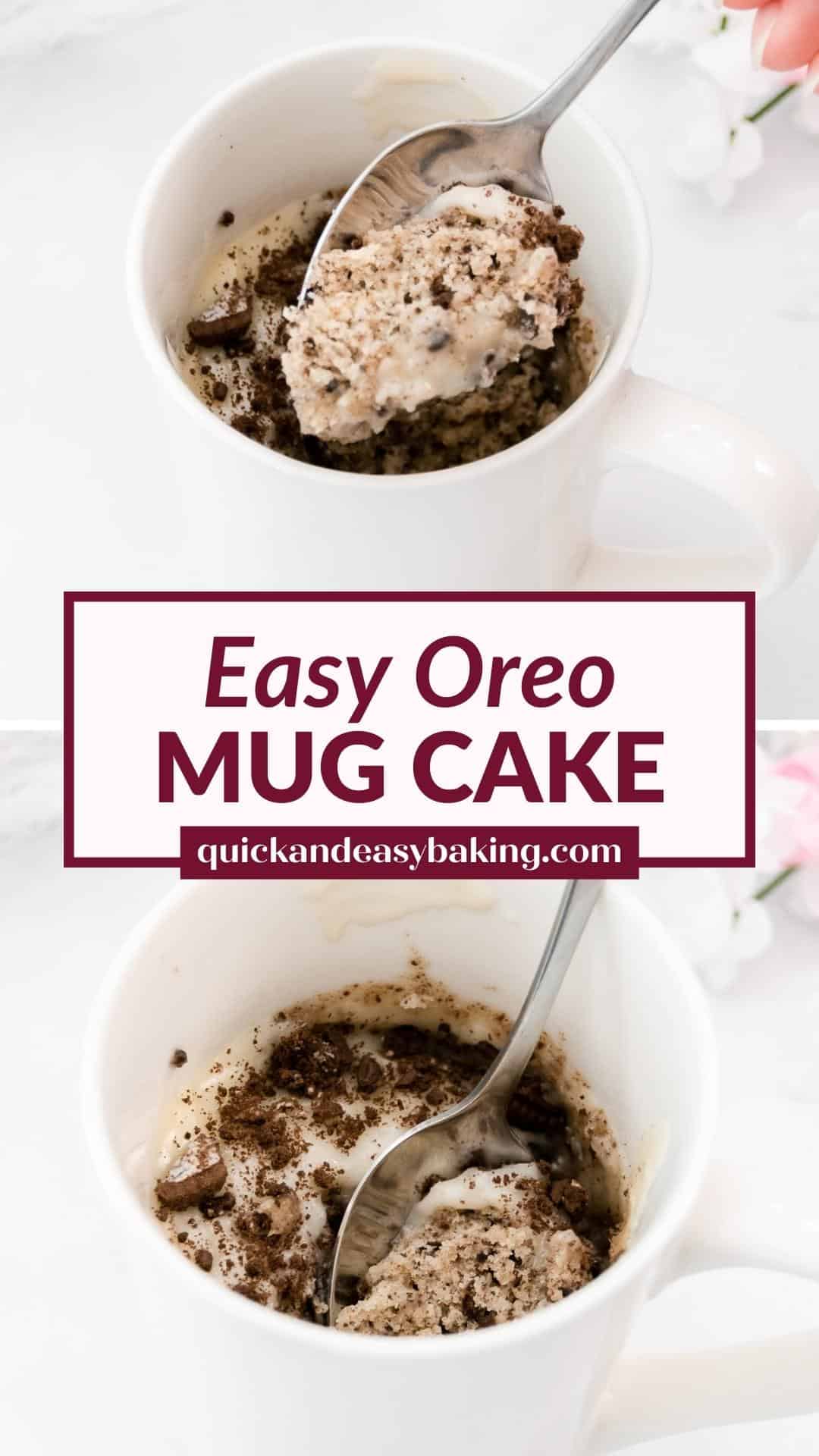 Collage with two images of mug cake with oreos and text.