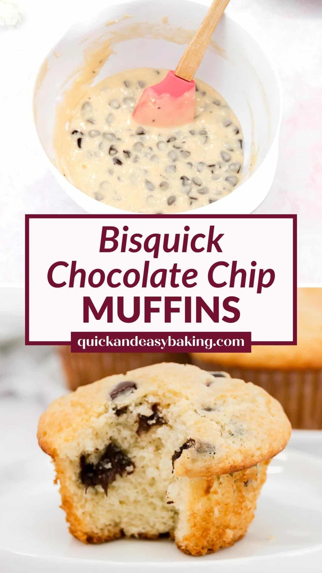 Collage of muffin batter and chocolate chip muffin with bit out and text.