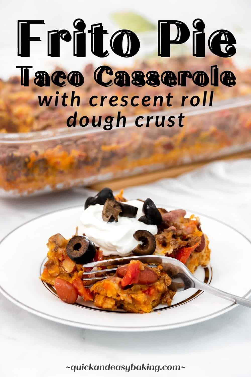 Pin image with slice of frito casserole and text overlay.