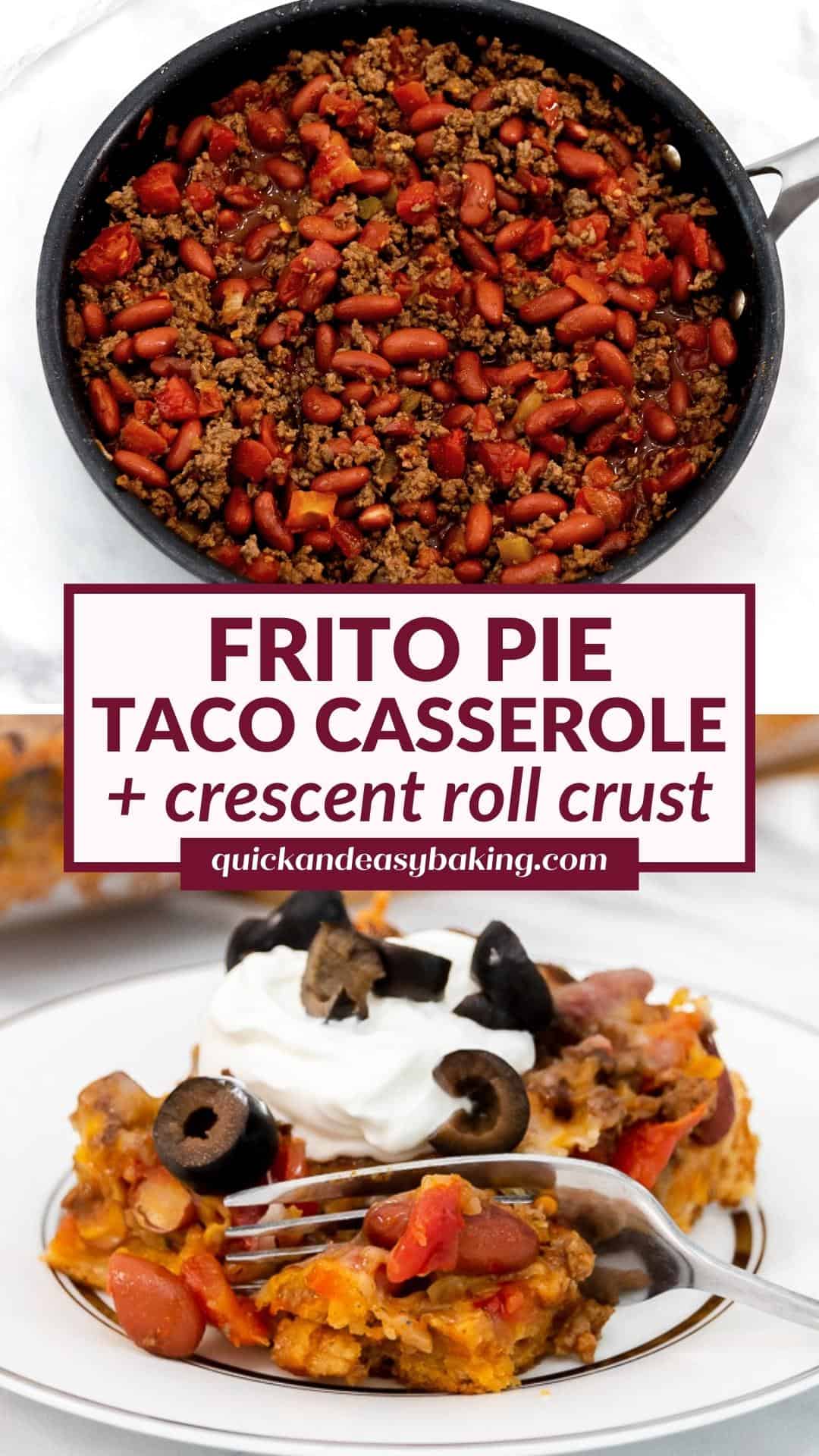 Pin image of frito pie taco casserole with text overlay.