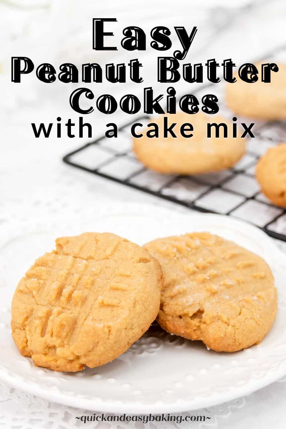 Soft cake mix peanut butter cookies on a plate with text pin 1.