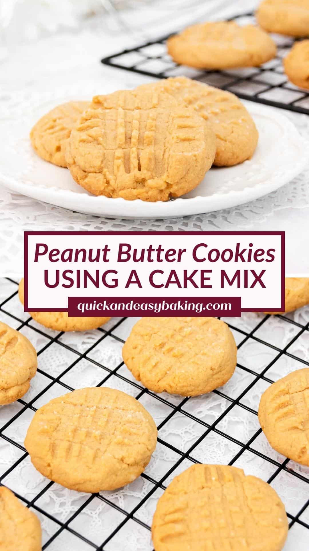 Collage of peanut butter cookies on a plate and a rack with text.