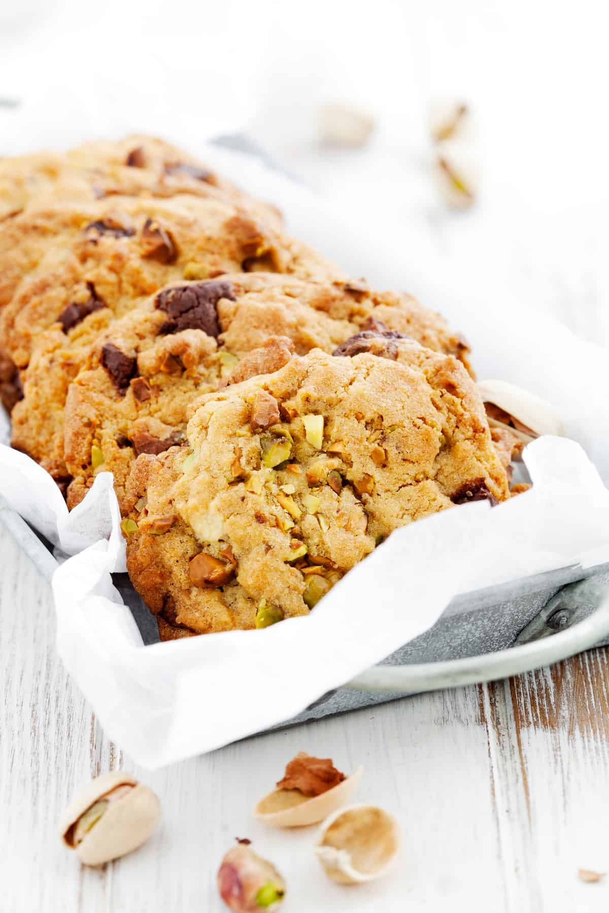 Chocolate chip cookies in a tin.