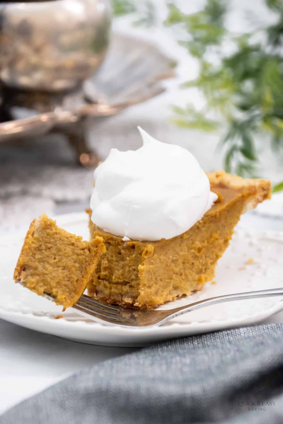 Baked pumpkin pie with fork on a plate.