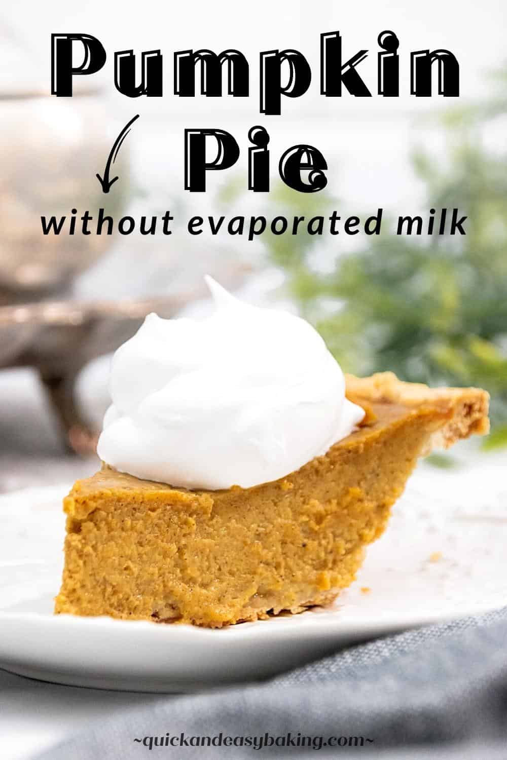 Slice of spiced pumpkin pie on a white plate with text pin.