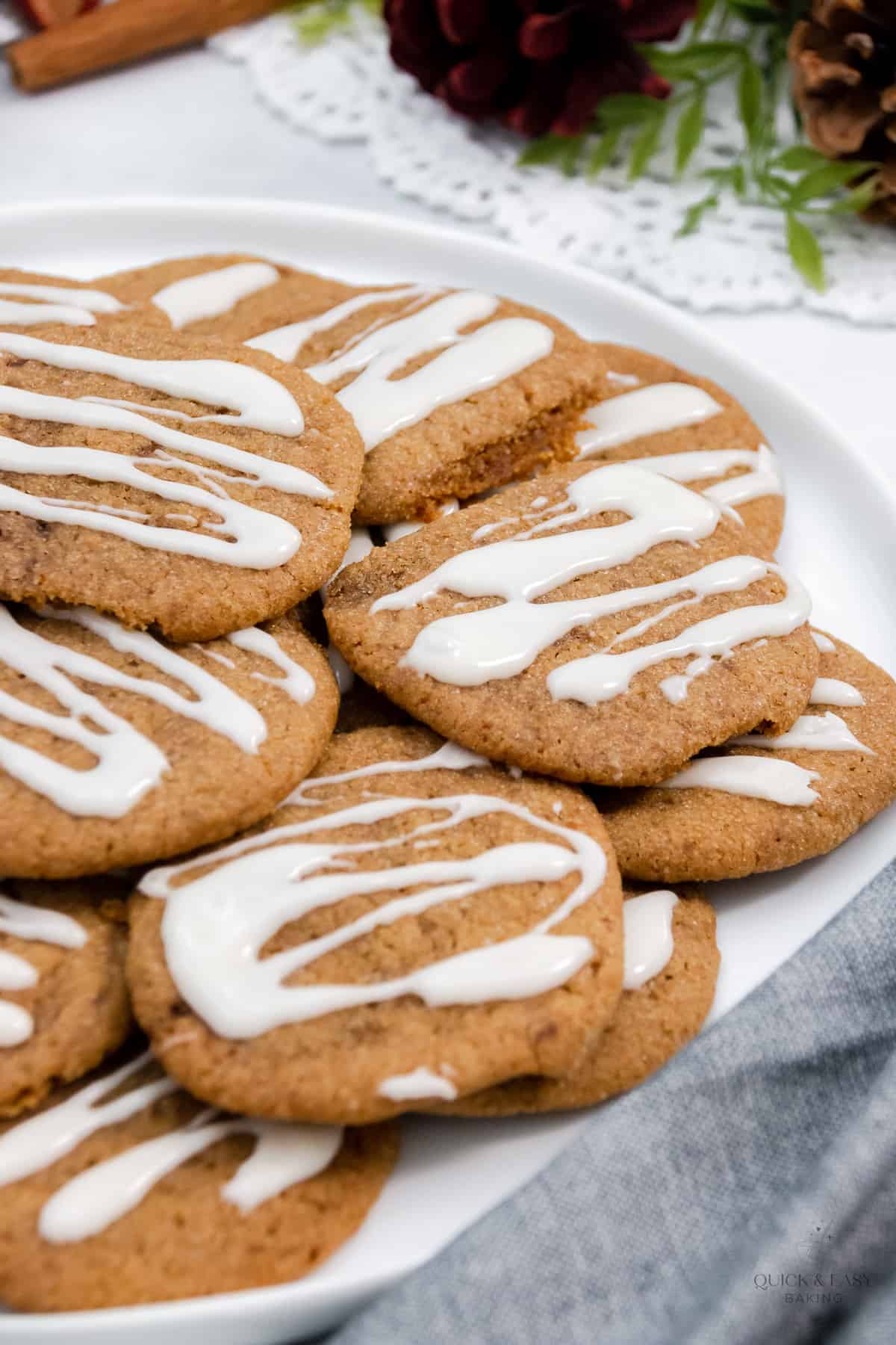 Close up view of soft ginger cookies on a platter.