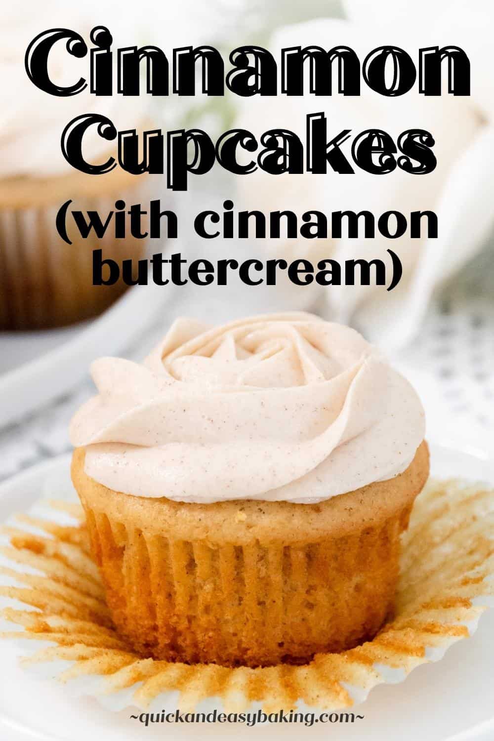 Close up of cinnamon cupcake with text overlay pin.
