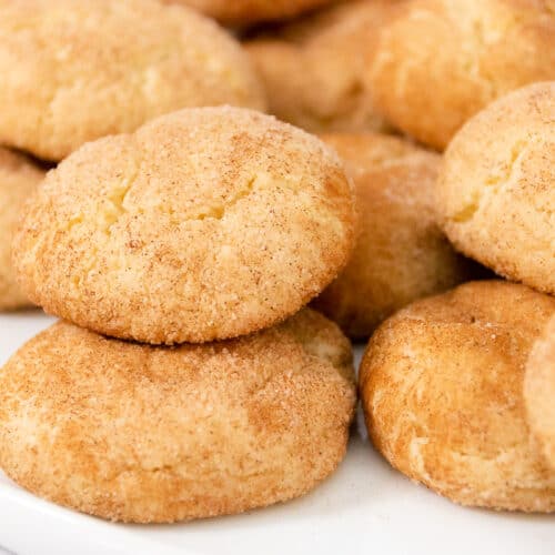 Close up of snickerdoodle cake mix cookies on a platter.