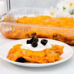 Close up of cheesy enchiladas on a white plate.