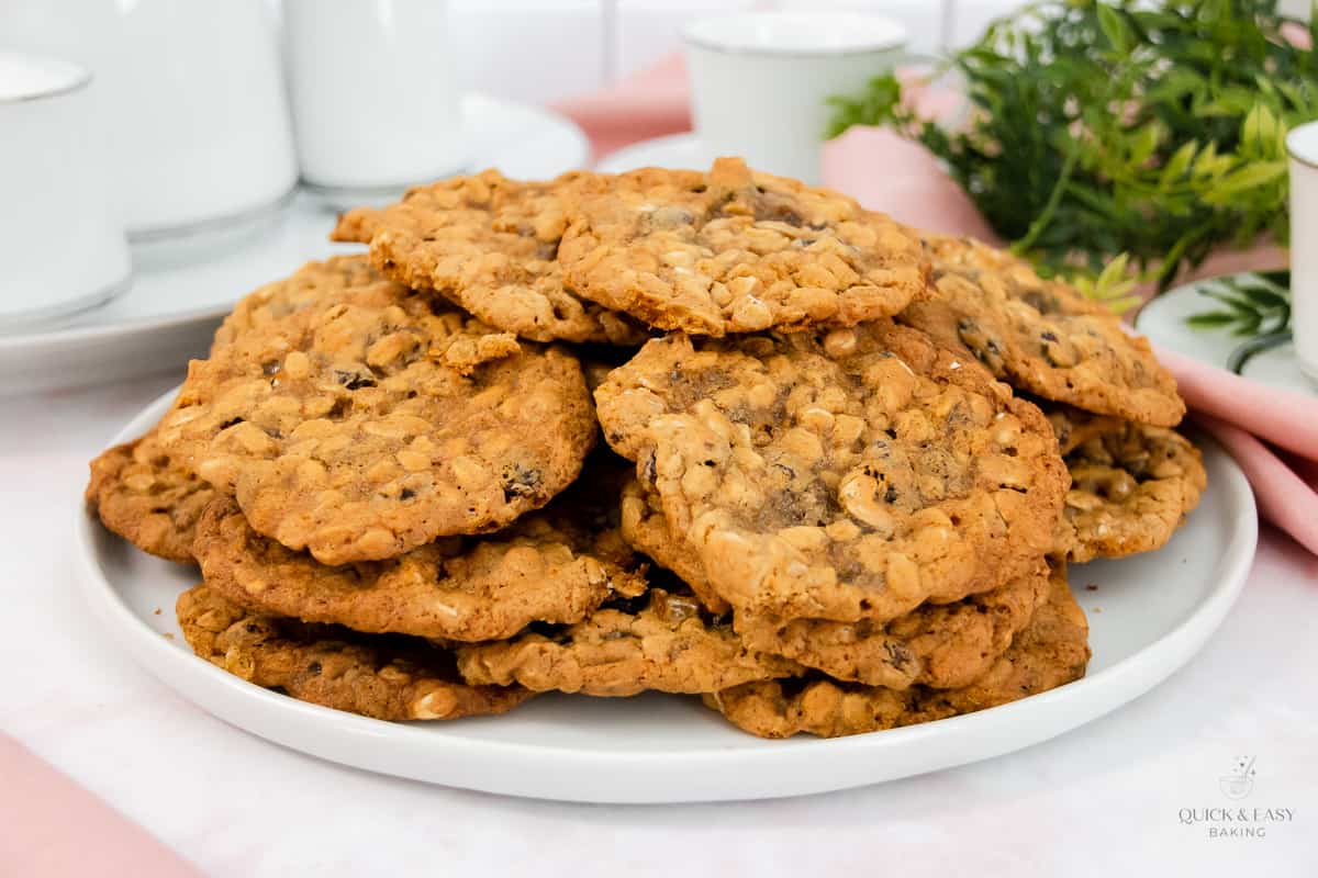 Wide image of oatmeal cookies on a white platter with greenery in the background.