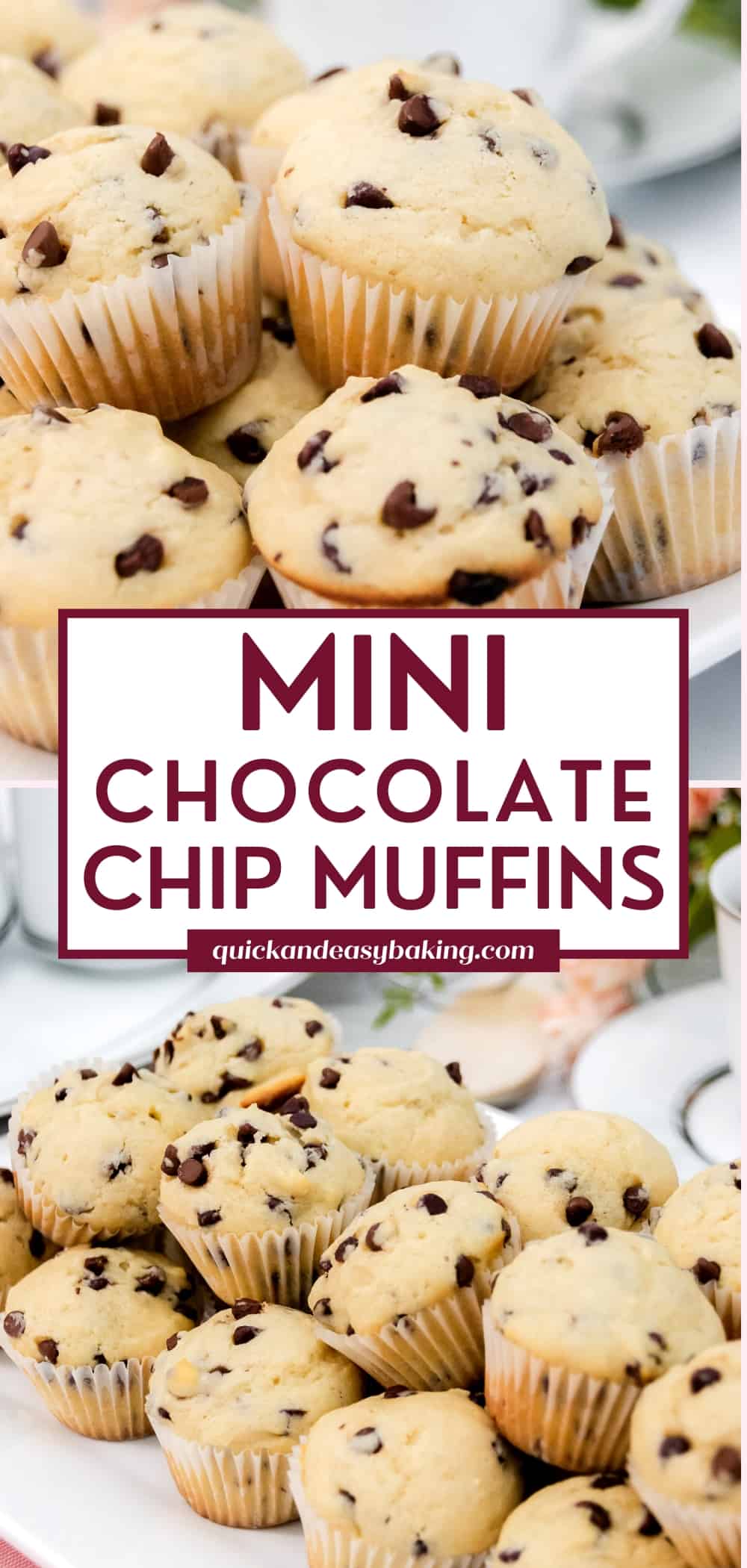 Two collage image with mini muffins with chocolate chips and text overlay in the middle.