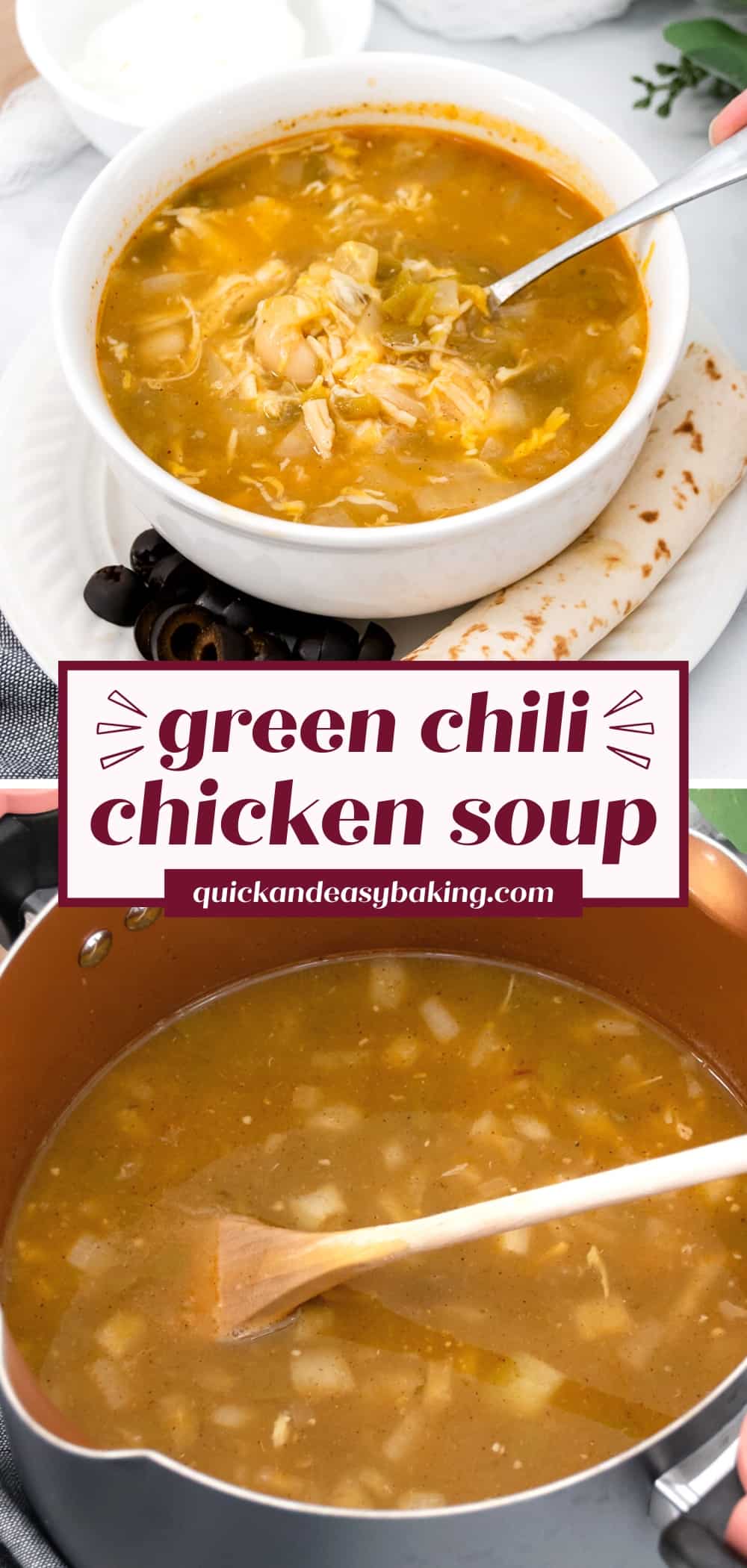 Collage chili verde soup in a bowl and soup in a large pot with spoons and text overlay.