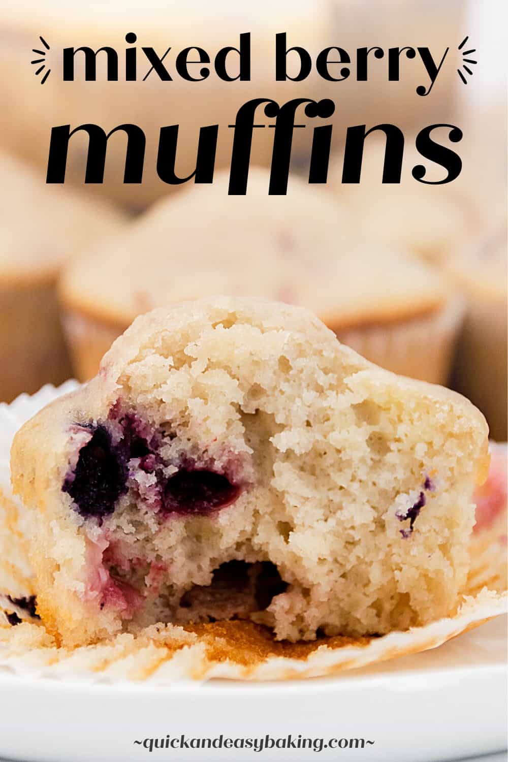 Pinterest image with a mixed berry muffin cut on a white plate with text overlay.