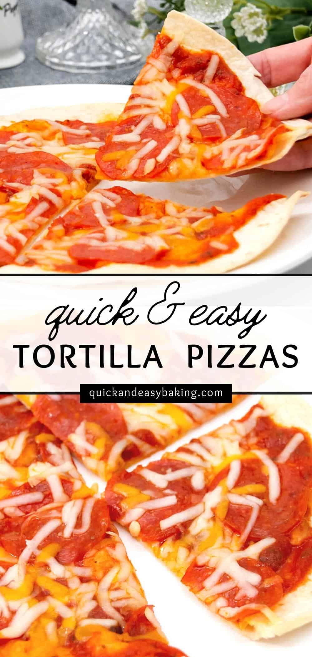 Pinterest collage image with tortilla pizza images with text overlay.