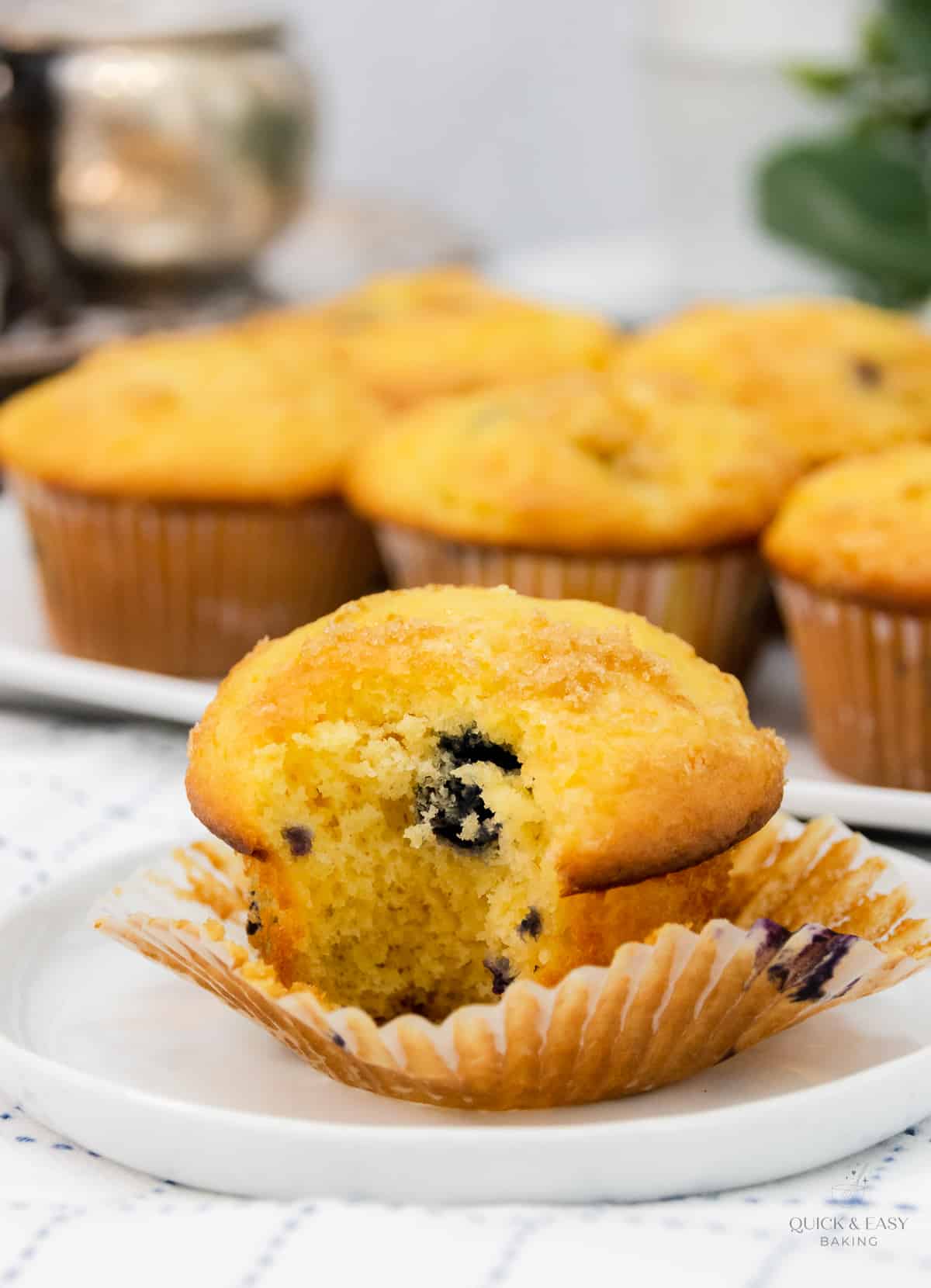 Close up image of a blueberry muffin with the wrapper unwrapped and a bite out of it.