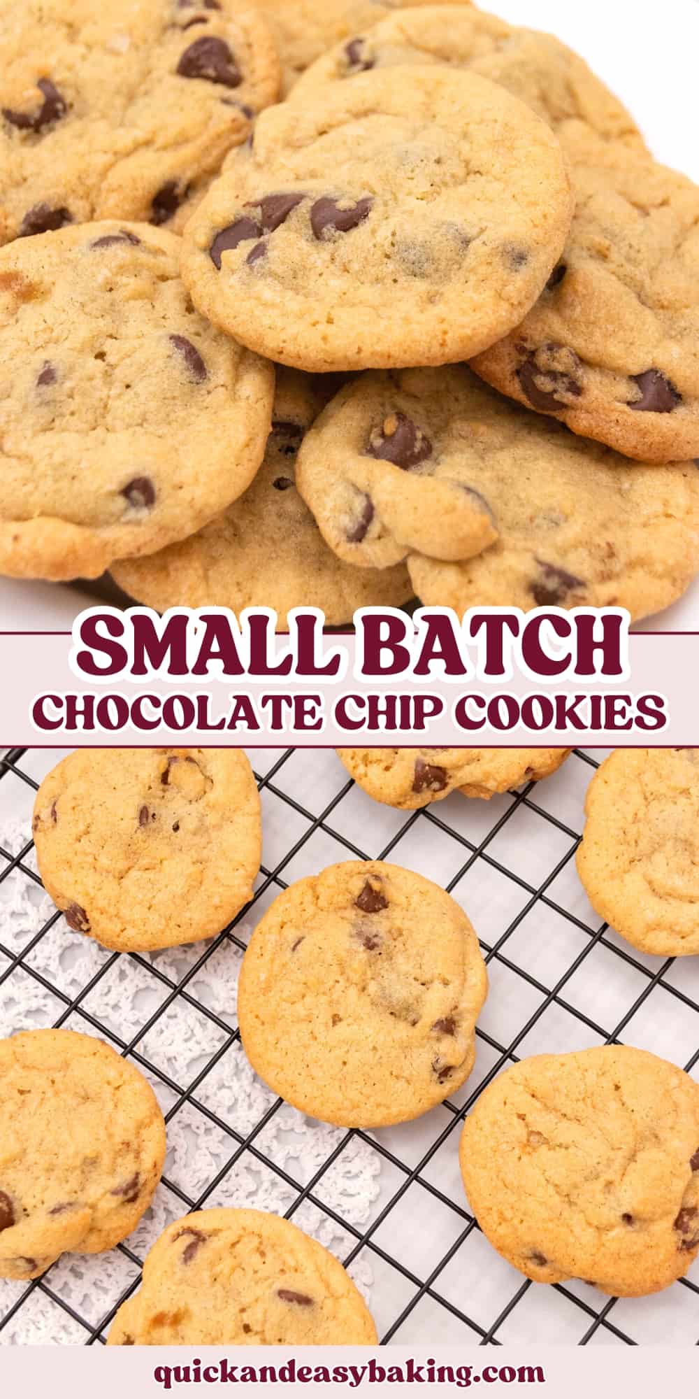Pinterest image of chocolate chip cookies baked on a platter and on a cooling rack with text overlay.