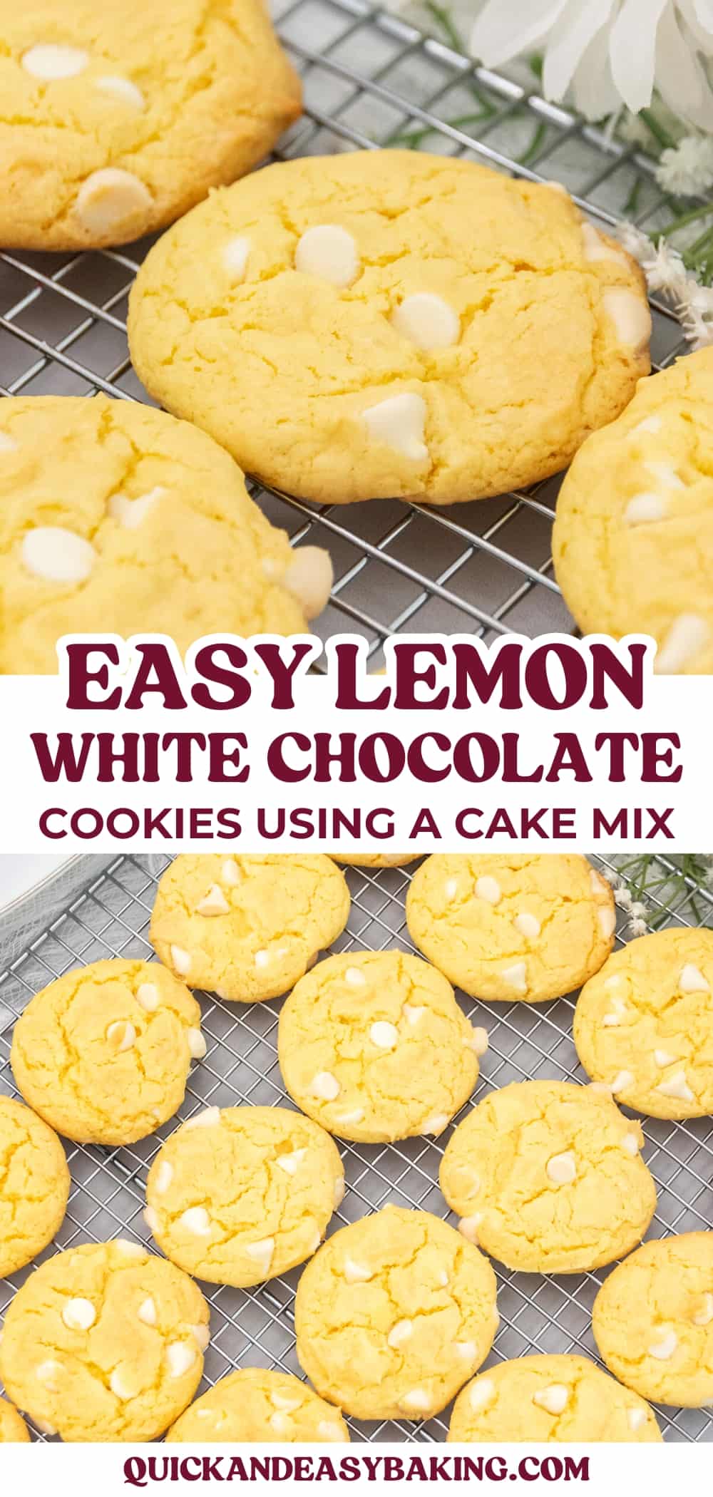 Pin image with collage of lemon cookies with white chocolate and text overlay.